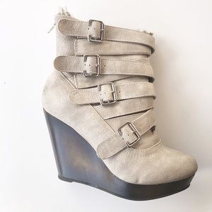 Suede Strappy Buckle Wedge Booties Fur Lined